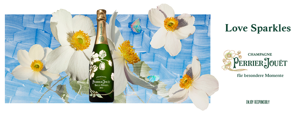 Banner mit Perrier-Jouët Champagne Belle Époque, florales Design und Text „Eine Liebeserklärung mit jeder Flasche – Love Sparkles“.