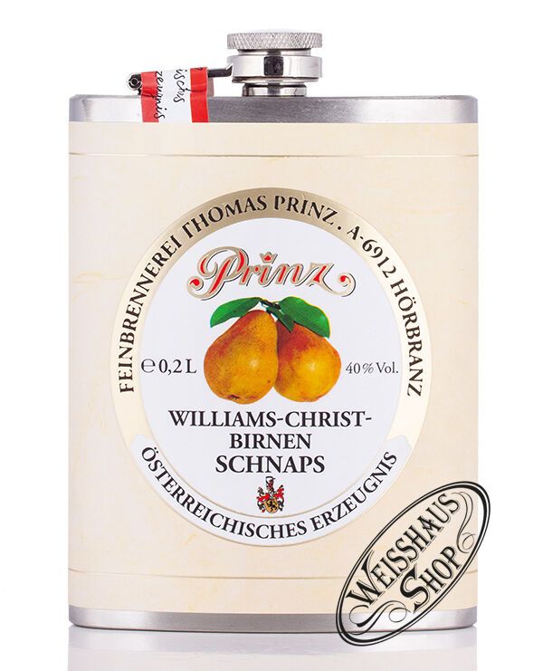 Prinz Williams-Birnen Schnaps 40% vol. 0,20l Edelstahl Flachmann Prinz Williams-Birnen Schnaps 40% vol. 0,20l Edelstahl Flachmann