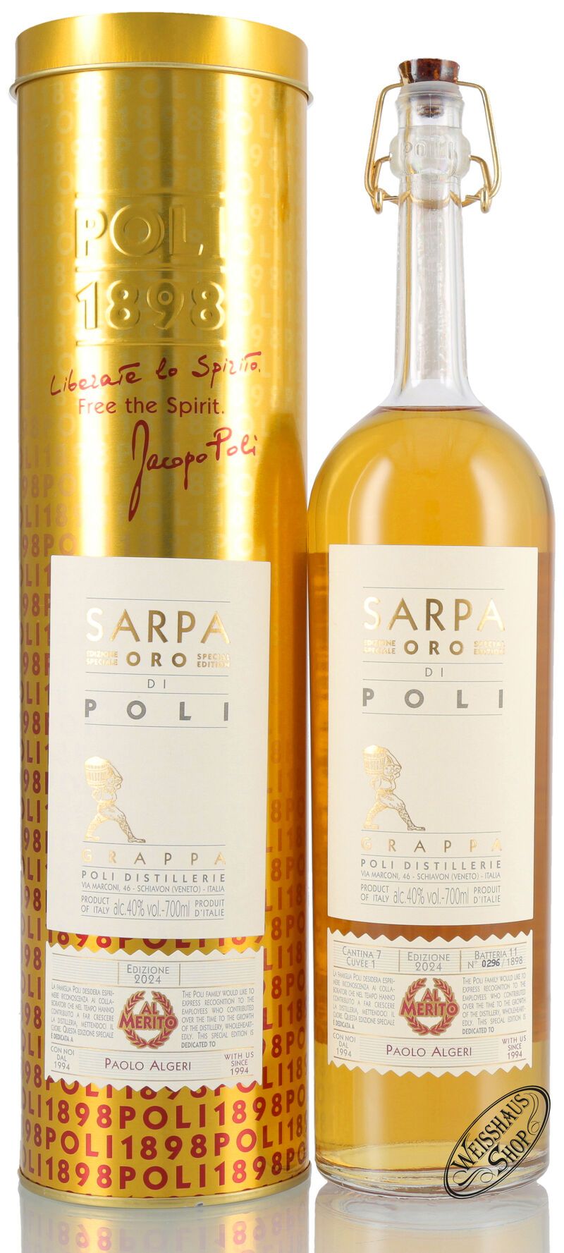 Poli Grappa Sarpa Oro di Barrique in Tubo 40% vol. 0,70l Poli Grappa Sarpa Oro di Barrique in Tubo 40% vol. 0,70l