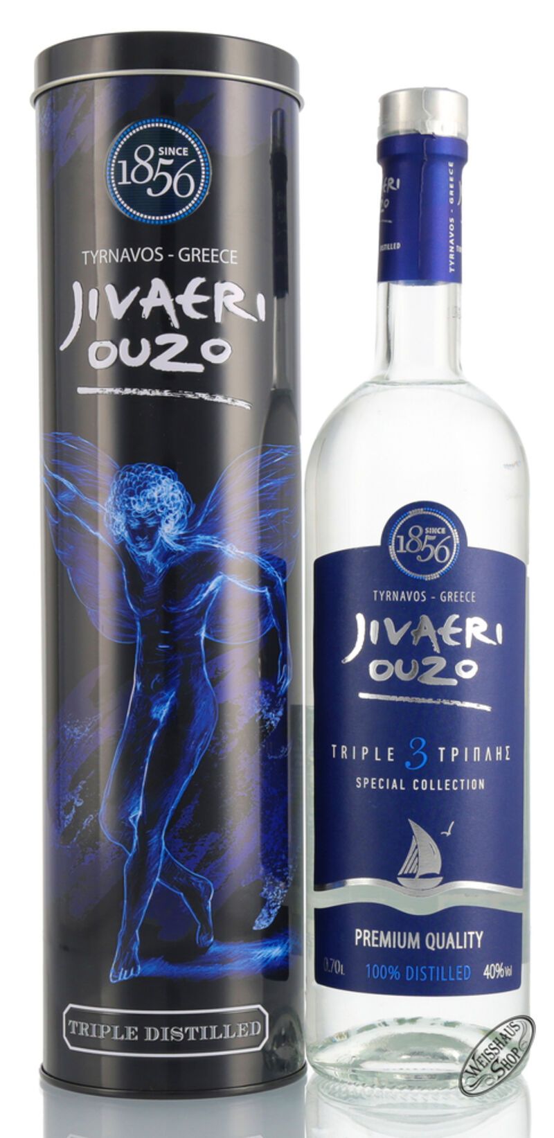Ouzo Jivaeri Triple Distilled in Geschenk-Dose 40% vol. 0,70l Ouzo Jivaeri Triple Distilled in Geschenk-Dose 40% vol. 0,70l