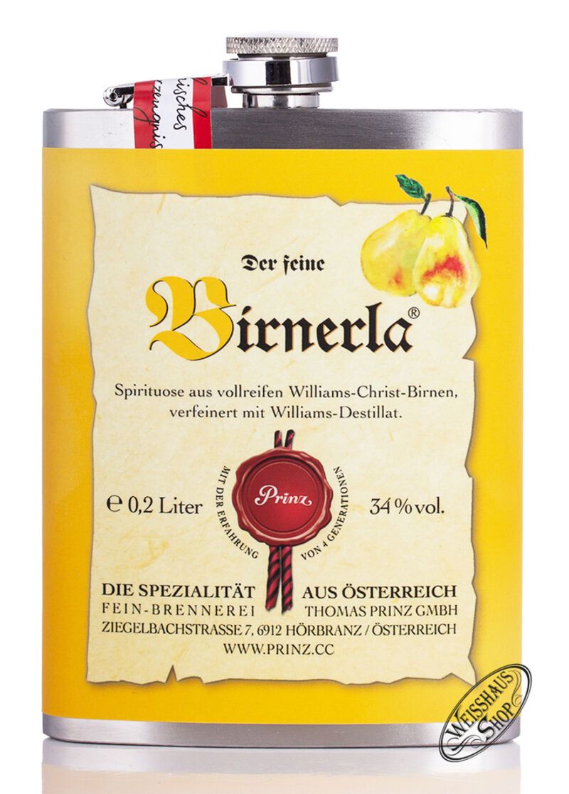 Prinz Birnerla 34% vol. 0,20l Edelstahl Flachmann Prinz Birnerla 34% vol. 0,20l Edelstahl Flachmann