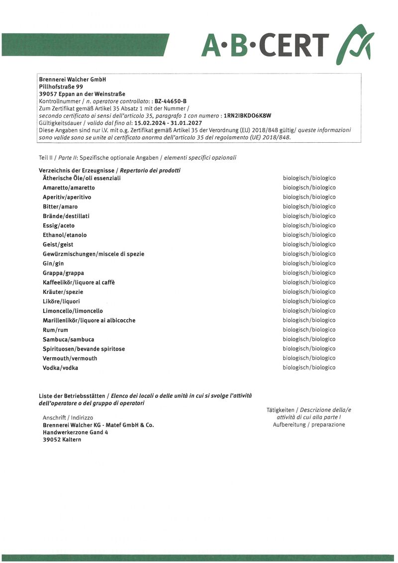 Walcher 25 Bio Bitter 25% vol. 0,70l Walcher 25 Bio Bitter 25% vol. 0,70l