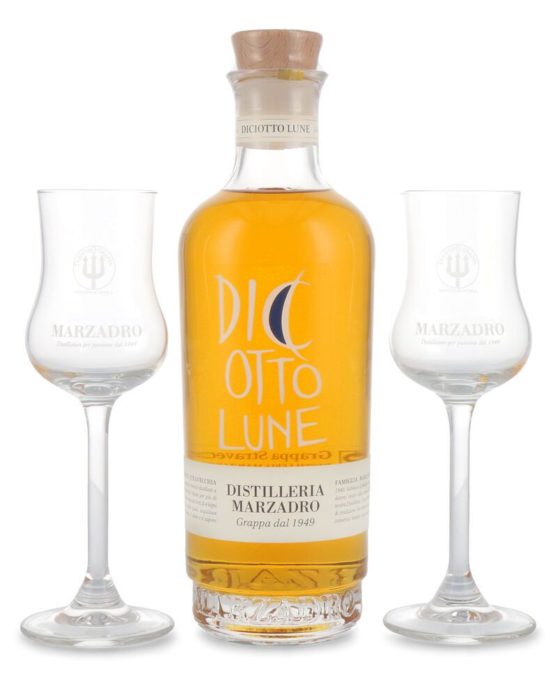 Marzadro Grappa Le Dic'otto Lune Geschenk-Set 41% vol. 0,50l