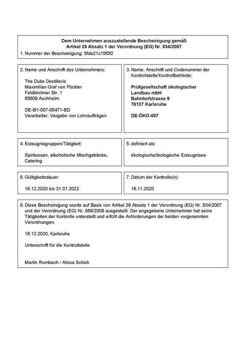 The Duke Rough BIO Gin Miniatur 42% vol. 0,05l