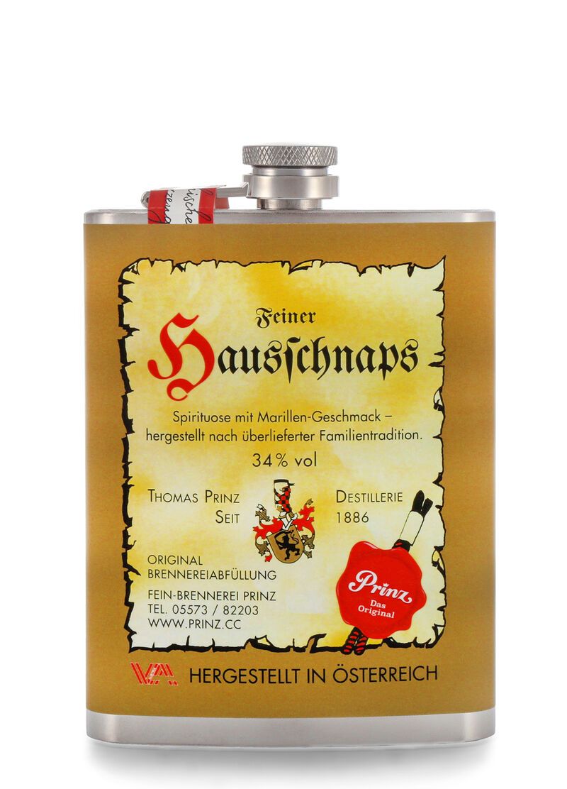 Prinz Hausschnaps Marille 34% vol. 0,20l Edelstahl Flachmann Prinz Hausschnaps Marille 34% vol. 0,20l Edelstahl Flachmann
