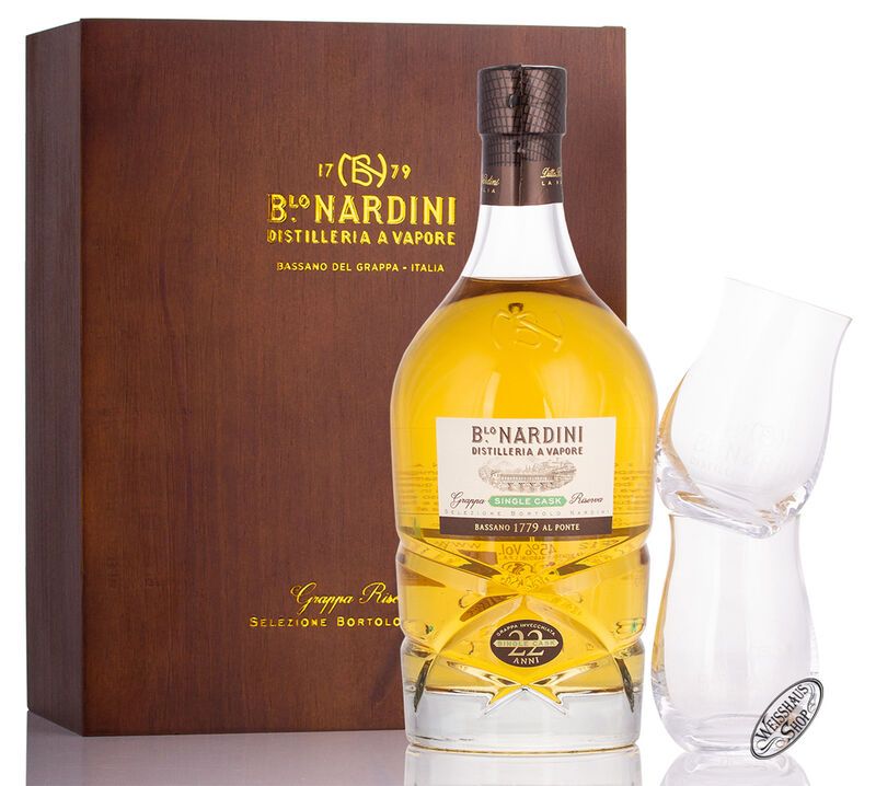 Nardini Grappa Riserva 22 YO Single Cask Geschenk-Set 45% vol. 0,70l Nardini Grappa Riserva 22 YO Single Cask Geschenk-Set 45% vol. 0,70l