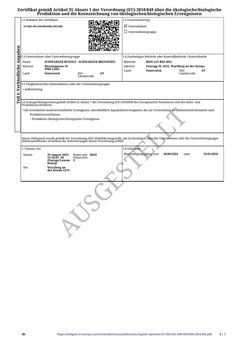 Schwarzer Bio Blutorangen Edelbrand 40% vol. 0,35l