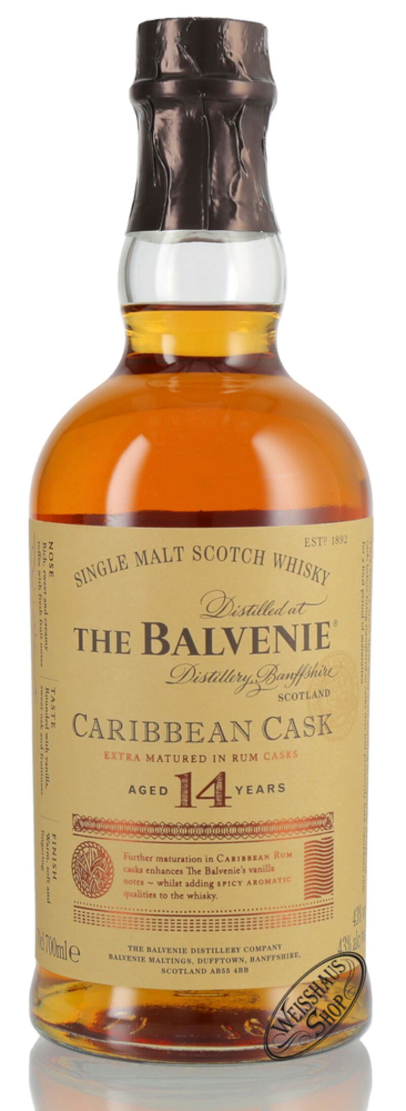 The Balvenie 14 YO Caribbean Cask Whisky 43% vol. 0,70l The Balvenie 14 YO Caribbean Cask Whisky 43% vol. 0,70l