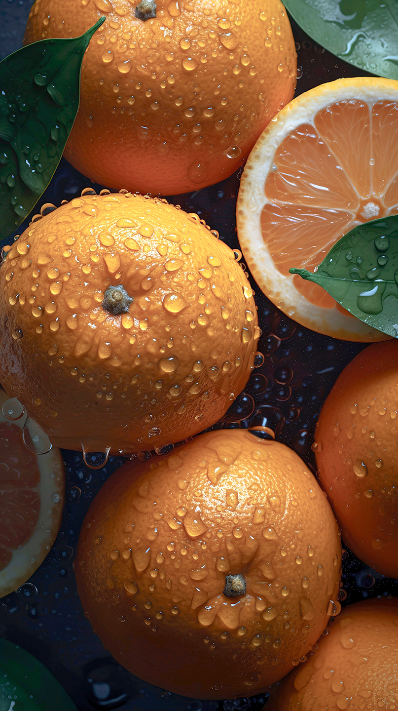 Mehrere Orangen mit Tautropfen.