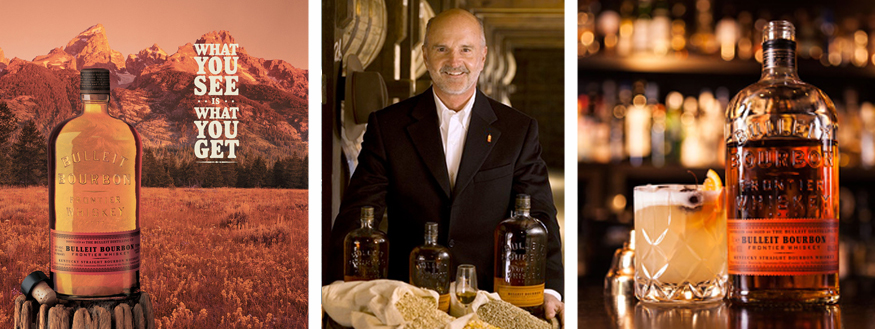 Bulleit Flaschen und Mann mit Whisky