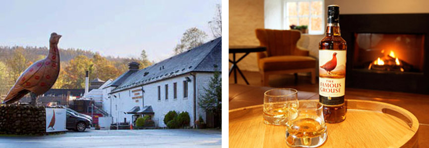 Destillerie, Famous Grouse Whisky, Gläser und Kamin